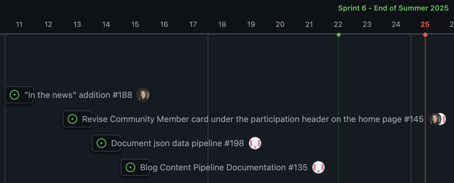 Our sprint roadmap on our GitHub project for the final summer sprint