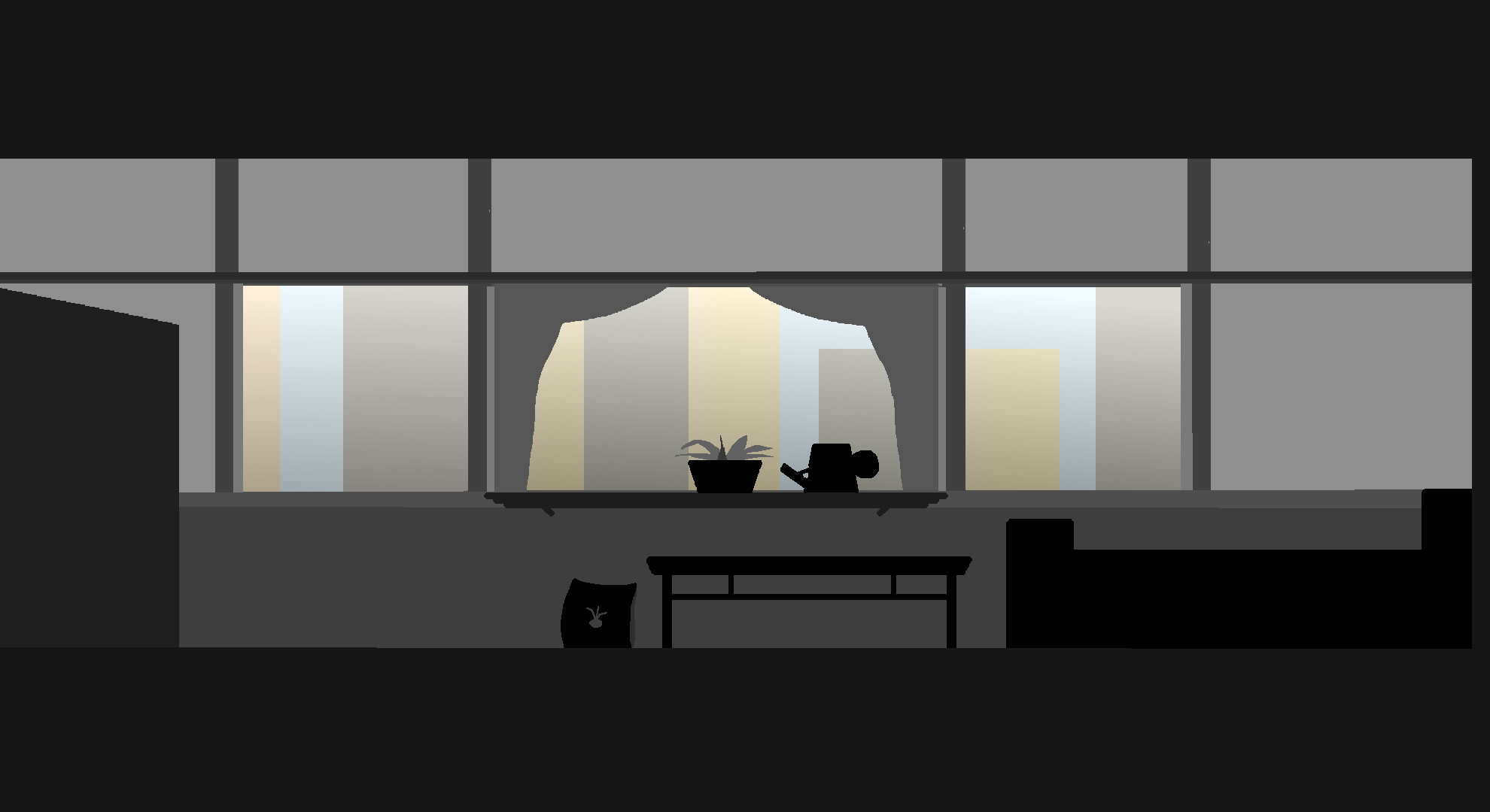 End game concept apartment room, with the plant in the center and windows foreseeing the urban skyscrapers.