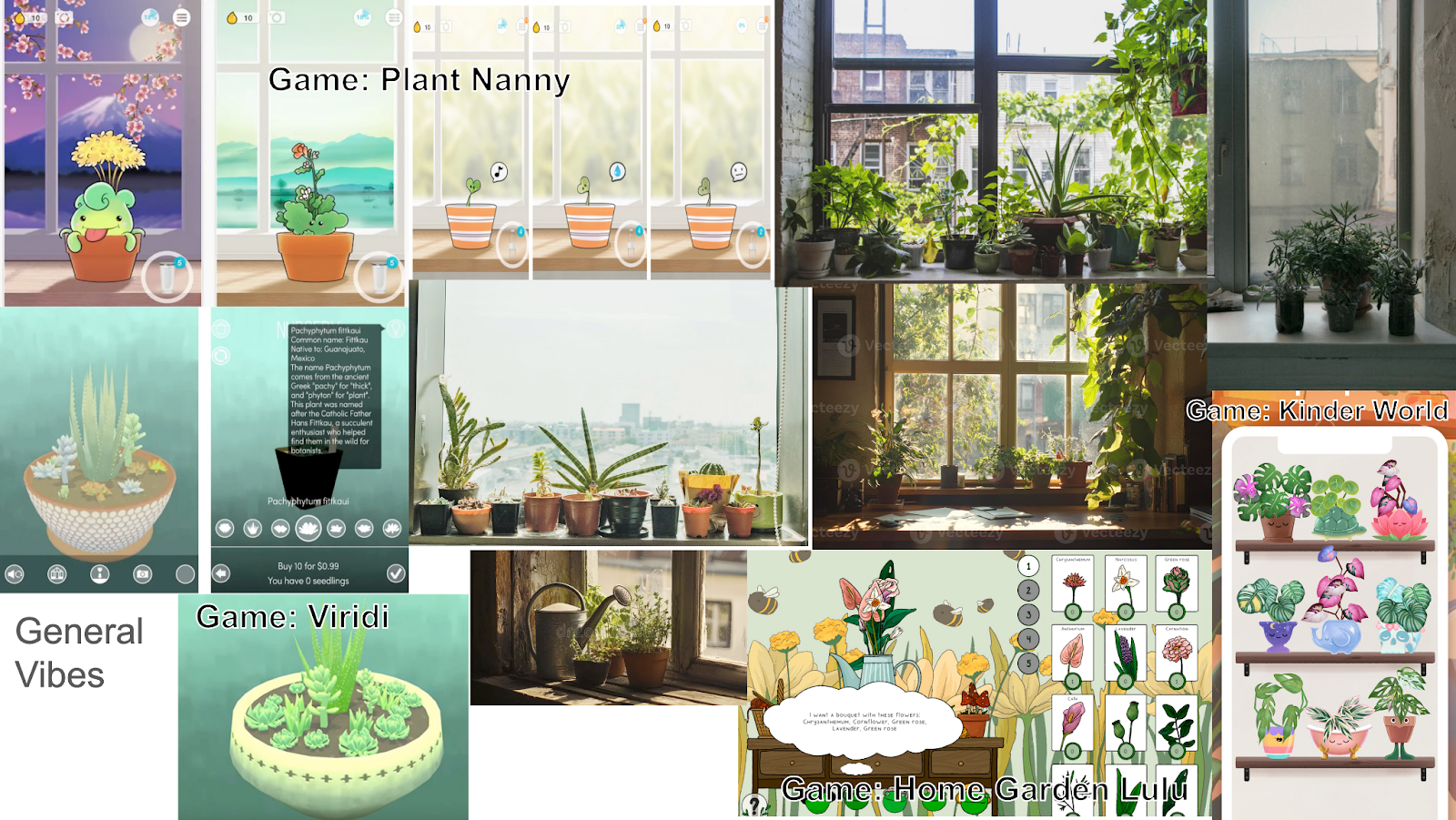 Our initial moodboard featuring photos and screenshots from other plant games.