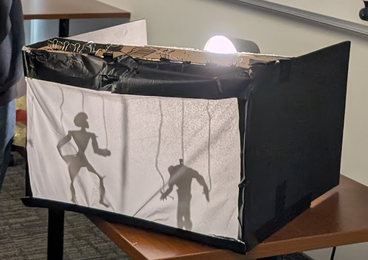 Smoke and Mirrors Paper Prototype, fitted with a light and some puppets that can be seen blacklightsed in the frustum display.