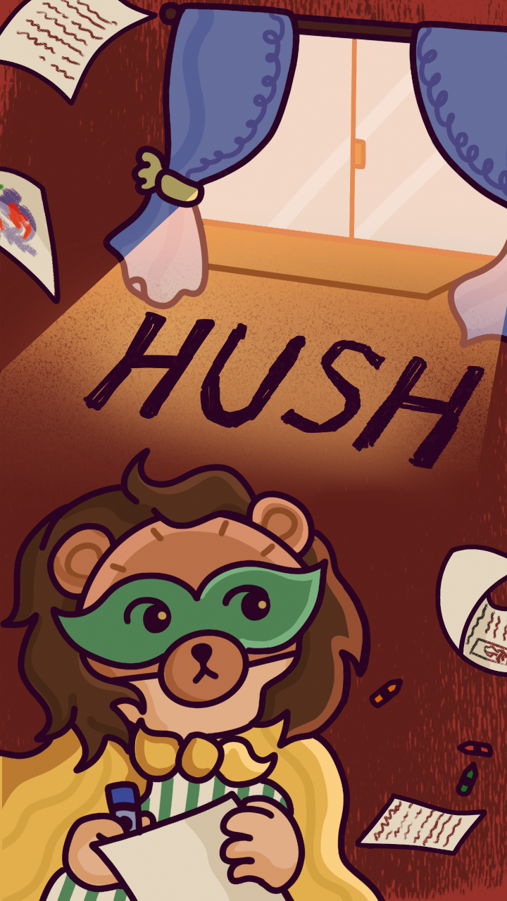 art that includes a small child wearing a mask and the text 'Hush' underneath an open window