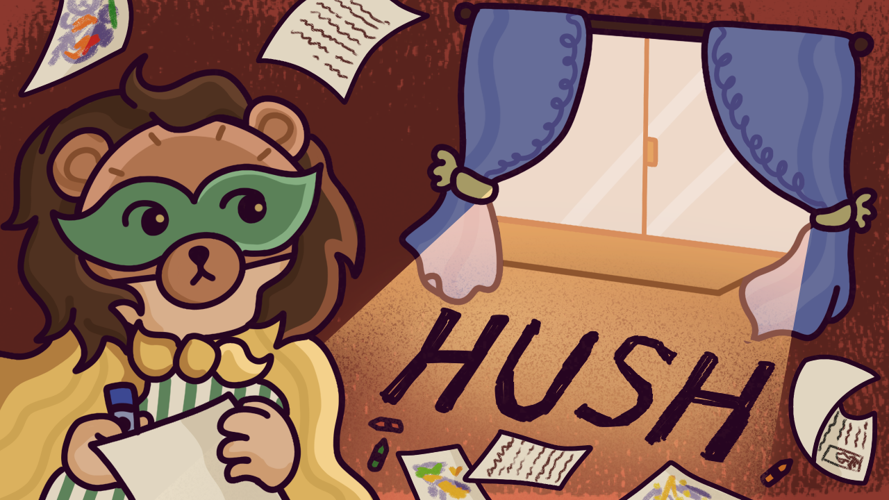 art that includes a small child wearing a mask and the text 'Hush' underneath an open window